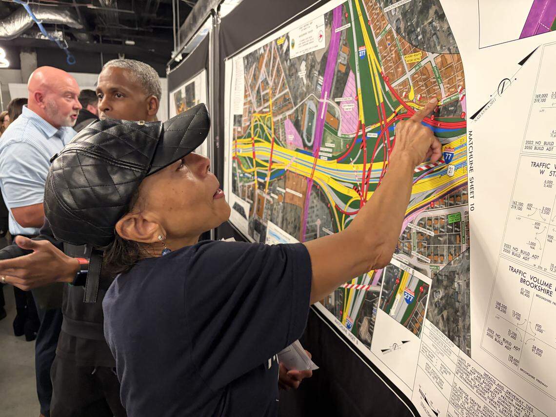 Marilyn Twitty Brown, a longtime resident of McCrorey Heights, points to how the I-77 South Express Lanes project will impact her neighborhood.