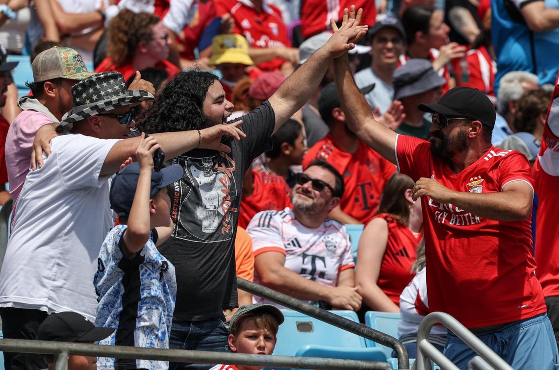 Fans celebrate a goal by S.L. Benfica during the match against Bayern München during the FIFA Club World Cup at Bank of America Stadium in Charlotte, NC on Tuesday, June 24, 2025.