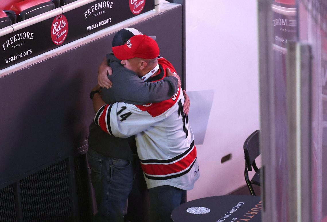 Friends reunite prior to the Charlotte Checkers vs Cleveland Monsters game at Bojangles Coliseum in Charlotte, NC on Friday, October 18, 2024.
