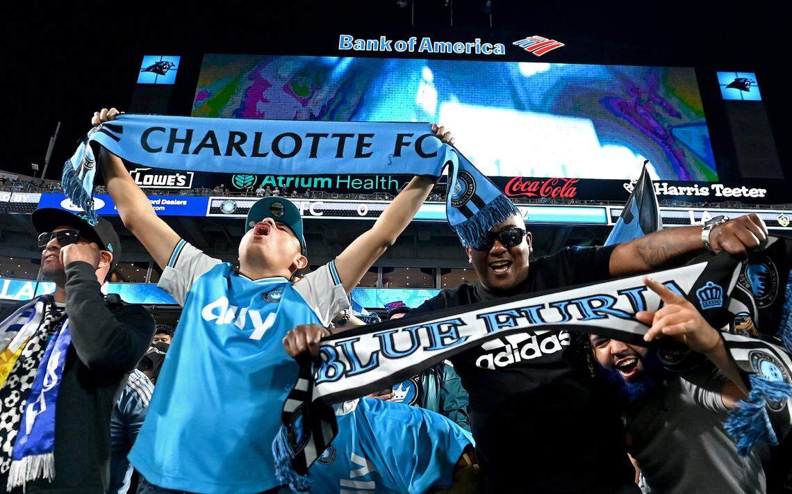 Charlotte Football Club fans show their support for the team as they face off against the LA Galaxy at Bank of America Stadium in Charlotte, NC on Saturday, March 5, 2022. The LA Galaxy defeated Charlotte FC 1-0.