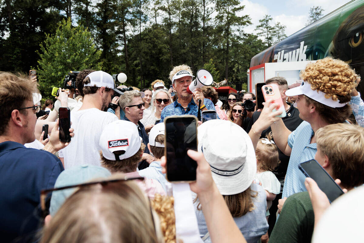 Will Ferrell addresses the crowd at the World Golf Hall of Fame in Pinehurst on Thursday as part of a promotional event tied to his upcoming Netflix series “The Hawk.”
