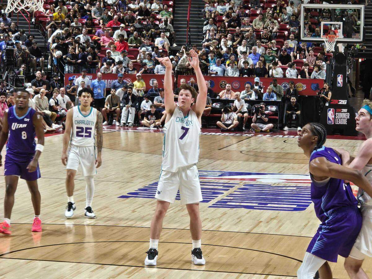 Charlotte Hornets rookie Kon Knueppel shoots a free throw in the fourth quarter of Friday night’s 111-105 win over Utah in Las Vegas Summer League.