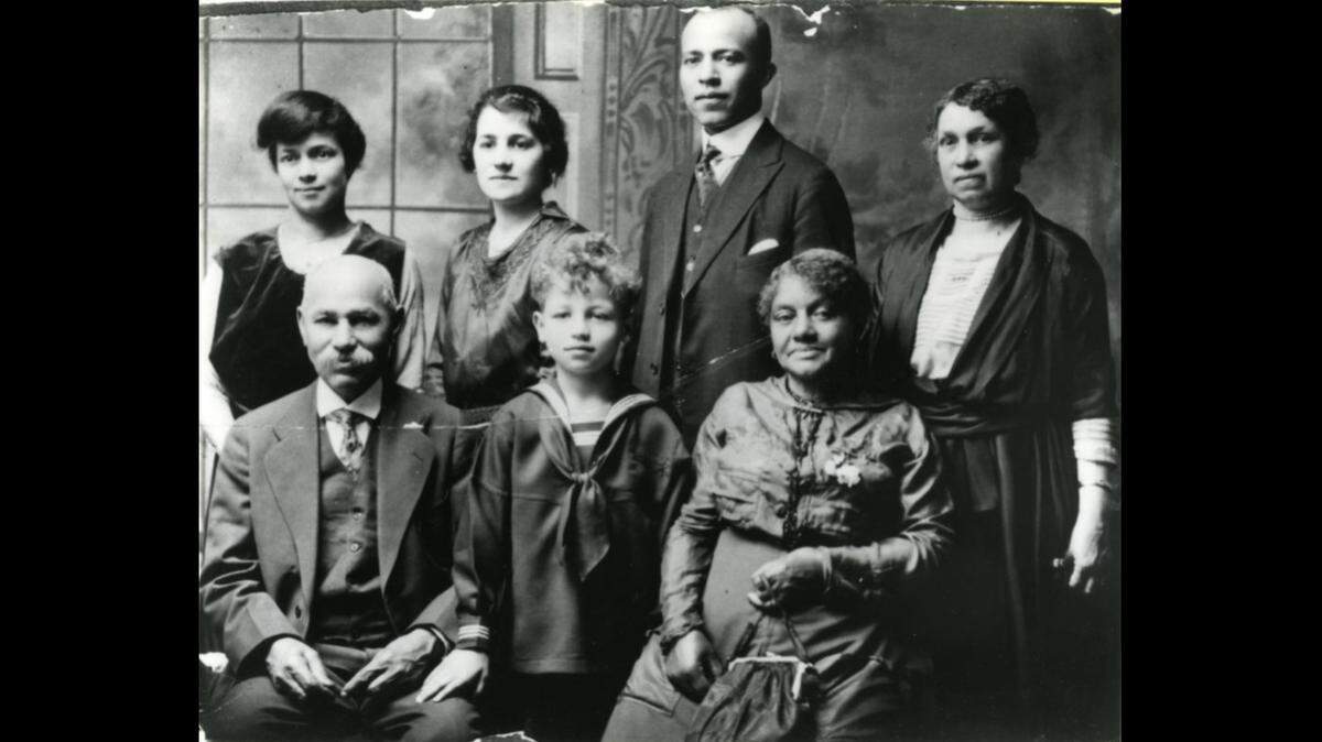 Romare Bearden and family in Charlotte, circa 1920. Front row, from left: great-grandfather Henry Kennedy, Romare at age 8 or 9, great-grandmother Rosa Catherine Kennedy. Back row, from left: aunt Anna Bearden, Bessye Bearden, his mother, Howard Richard Bearden, his father, and grandmother Catherine “Cattie” Bearden.