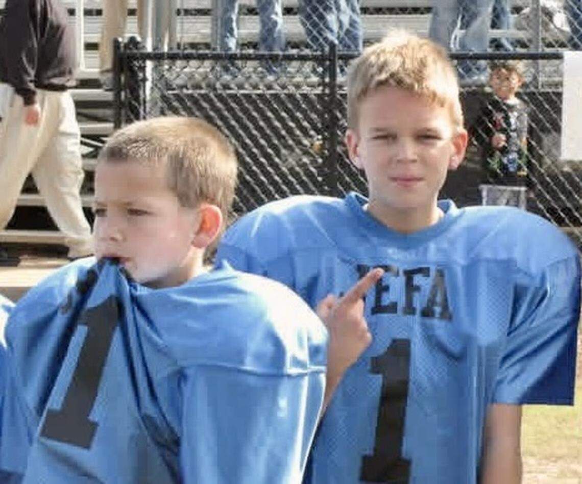 Drake Maye (left) wasn’t one of the bigger kids in the JEFA football league until he hit a growth spurt. He remains the shortest of the four Maye brothers. No. 1 in this photo is his youth football teammate Ben Simmons.