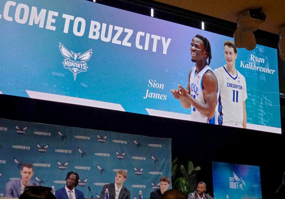 Charlotte Hornets introduce its newes players Ryan Kalkbrenner, left, Sion James, Liam McNeely, Kon Knueppel, second from right, during the presser Friday, June 27, 2025. On the right is coach Charles Lee.