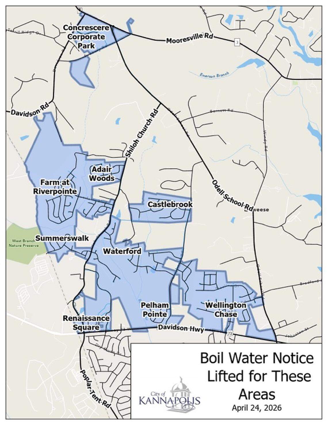 The Kannapolis boil water advisory was lifted for the areas in blue on this map.