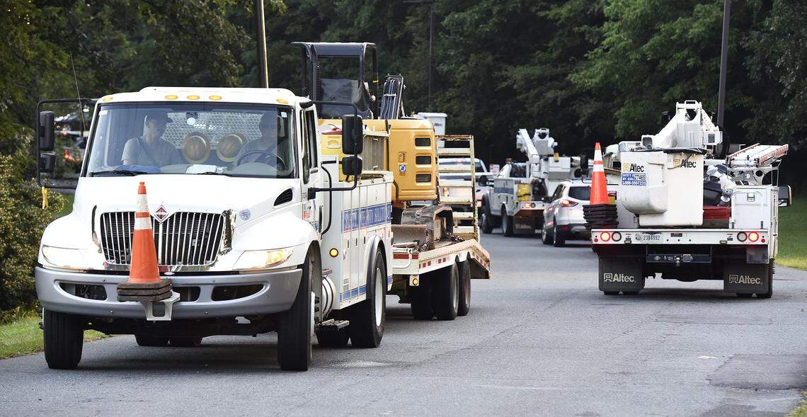 At least 50 Duke energy lineworkers, damage assessors and support personnel loaded up their trucks with supplies, repair equipment and replacement items as they began a caravan from Duke’s Little Rock Operation Center in Charlotte to Florence, S.C. to be in place to restore power for customers affected by Hurricane Dorian. Duke is sending about 450 workers out to respond to the hurricane. The crews left on Wednesday, Sept. 04, 2019.