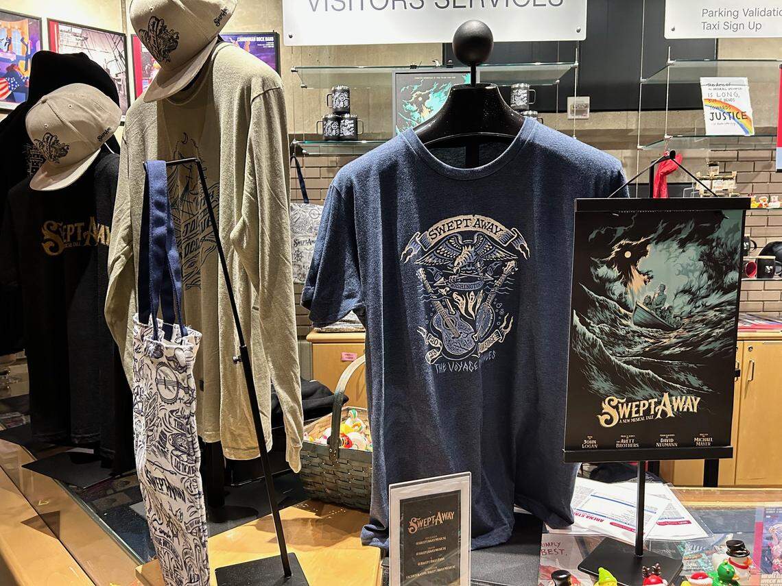 Some of the “Swept Away” merch available at Arena Stage. The Washington, D.C., theater has sold tickets to the show to people in 46 states, the District of Columbia, Puerto Rico and a handful of foreign countries, from Israel to Ireland and Japan.