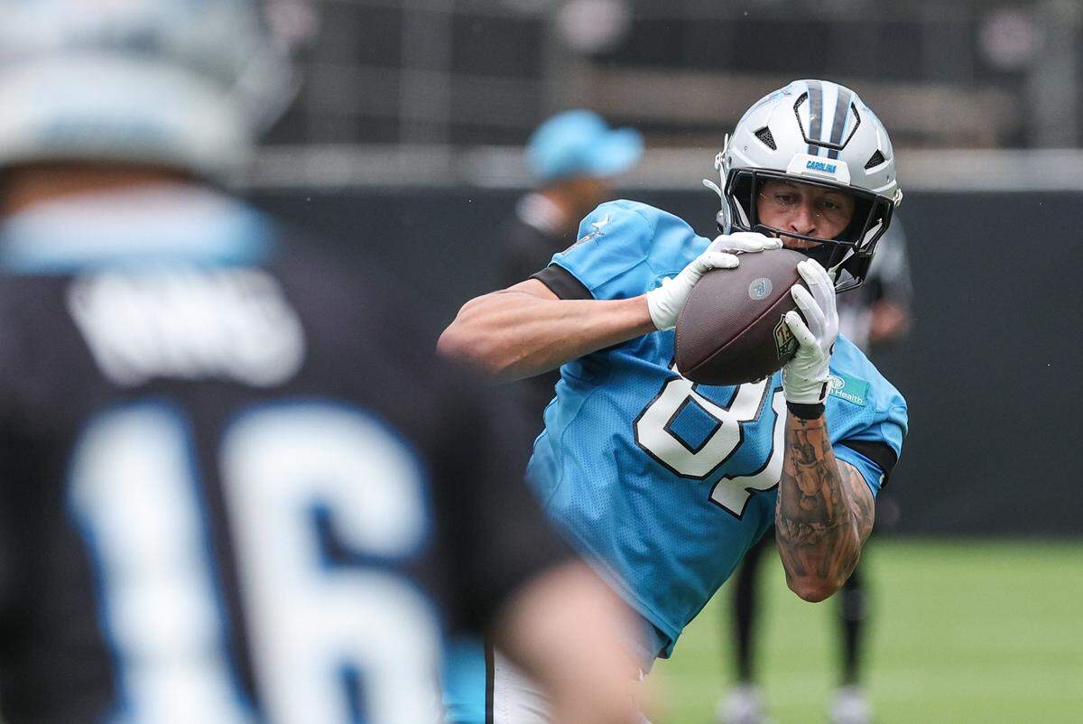 Tight end Feleipe Franks takes part in Carolina Panthers Organized Team Activities on Tuesday, June 2, 2026.