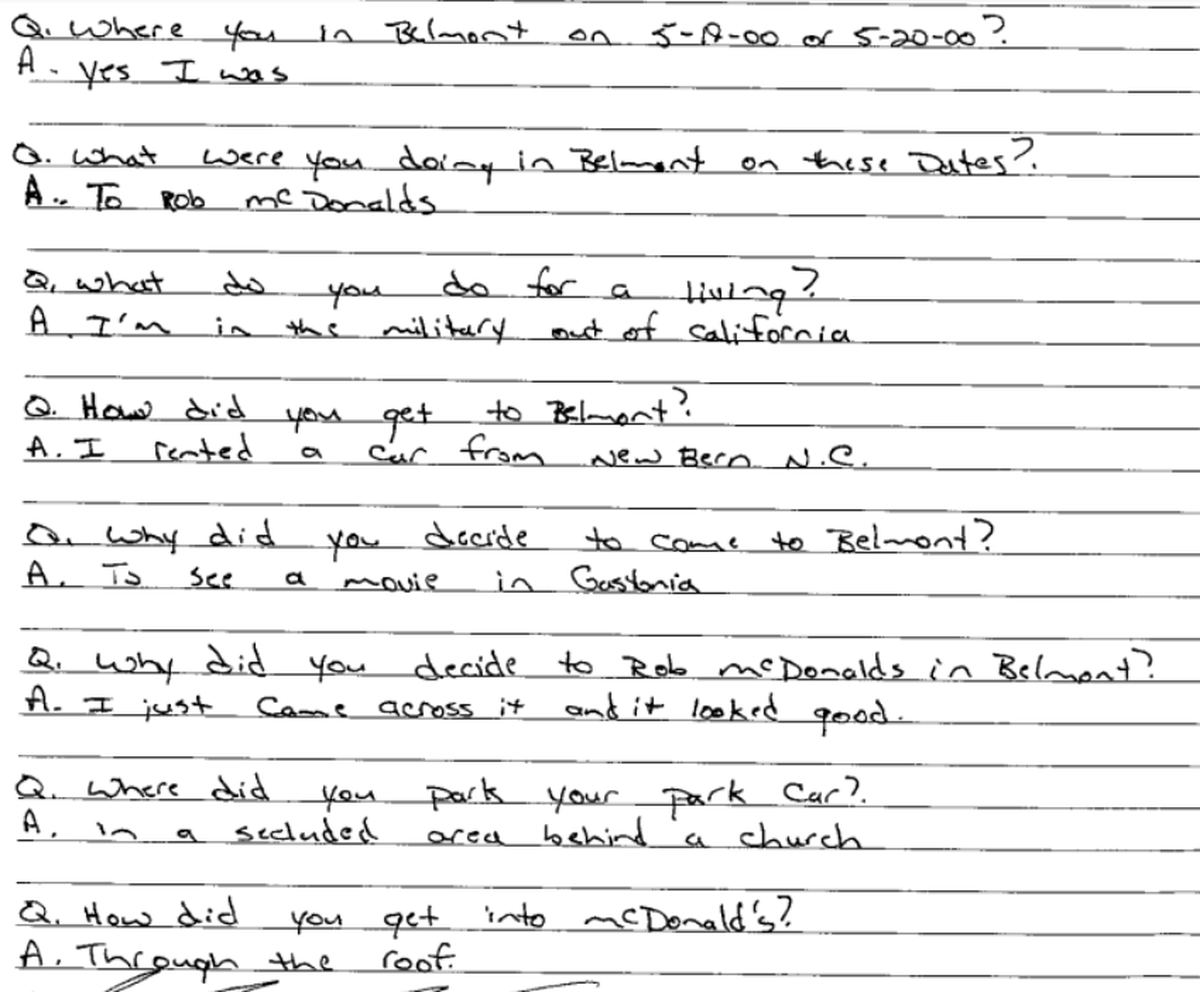 Photo of a Belmont Police Department officer’s notes as he interviewed Jeffrey Manchester in the McDonald’s robbery on Saturday, May 20, 2000.