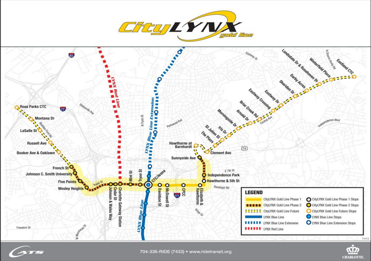 The yellow dotted line shows where planning and design is underway for the extension of the CityLYNX gold line streetcar service.