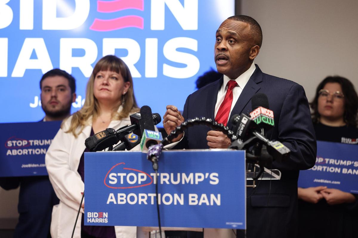 Rep. Robert Reives speaks during a press conference to mark the 51th anniversary of the Roe v. Wade ruling at Harvey B. Gantt Center for African-American Arts + Culture in Charlotte, N.C., on Monday, January 22, 2024.