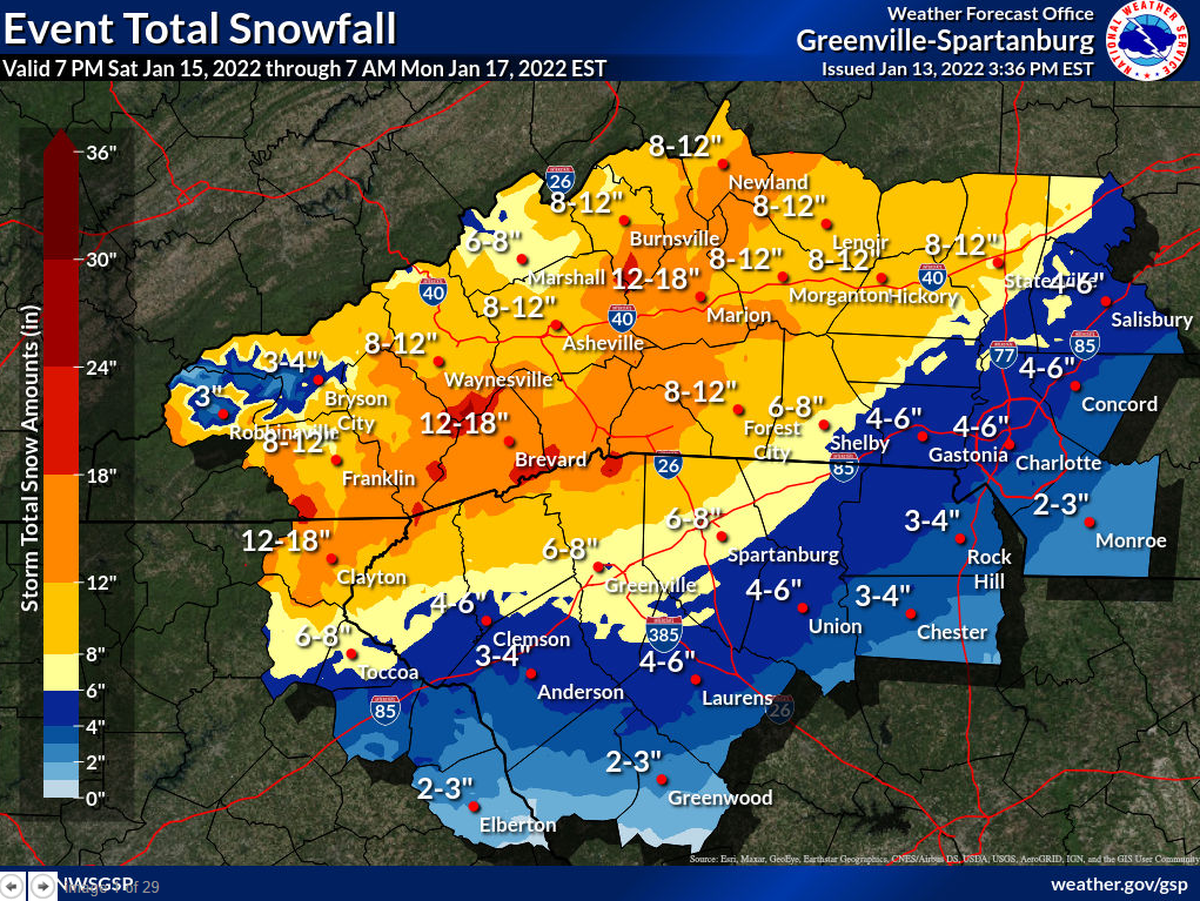 Snow predictions for the Charlotte, NC, area for Jan. 15-16, 2022, from the National Weather Service.