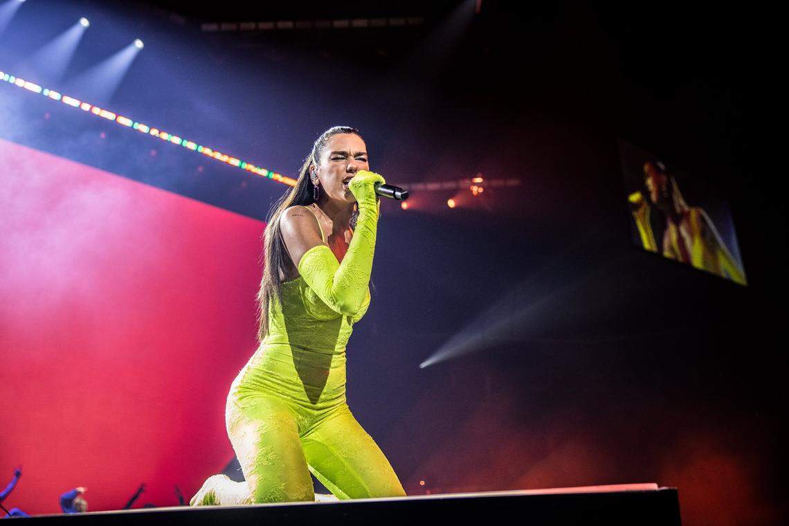 Dua Lipa performs during her Future Nostalgia Tour at the Spectrum Center in Charlotte, N.C., on February, 16, 2022.