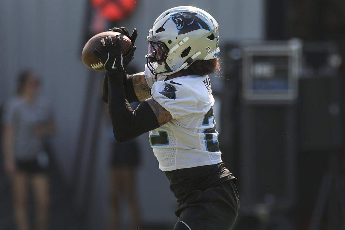 Panthers safety Lathan Ransom makes a catch during a position drill at training camp in Charlotte, NC on Tuesday, July 29, 2025.