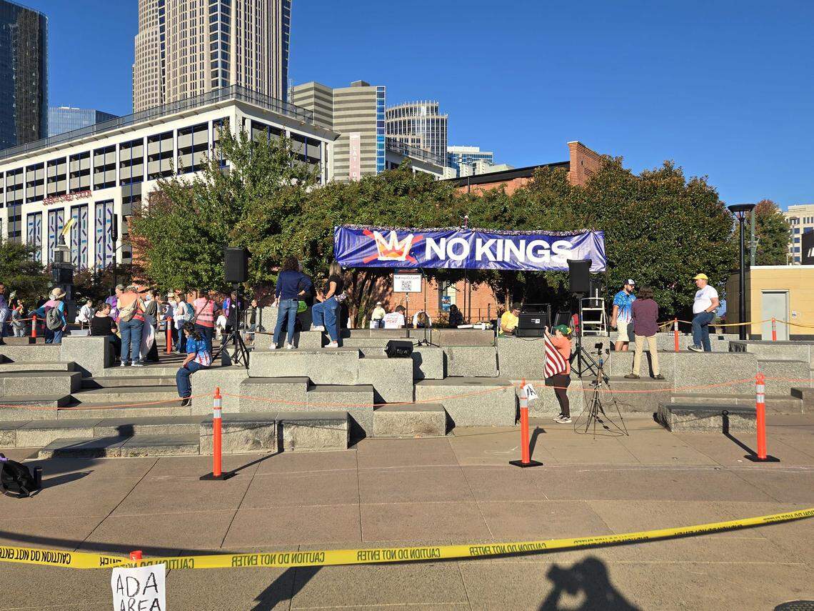 The ‘No Kings’ rally sets up around 9 a.m. on Saturday, Oct. 18, in First Ward Park in uptown Charlotte ahead of their rally. This is the second rally this year, which targets policies enacted by President Donald Trump.