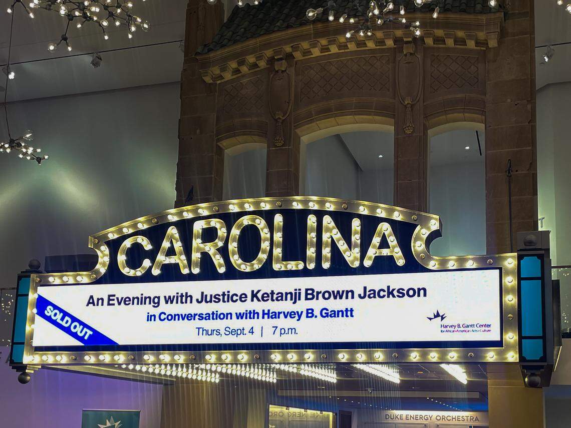 A marquee advertises the Supreme Court justice’s book tour at uptown Charlotte’s Carolina Theatre on Thursday, Sept. 4, 2025.