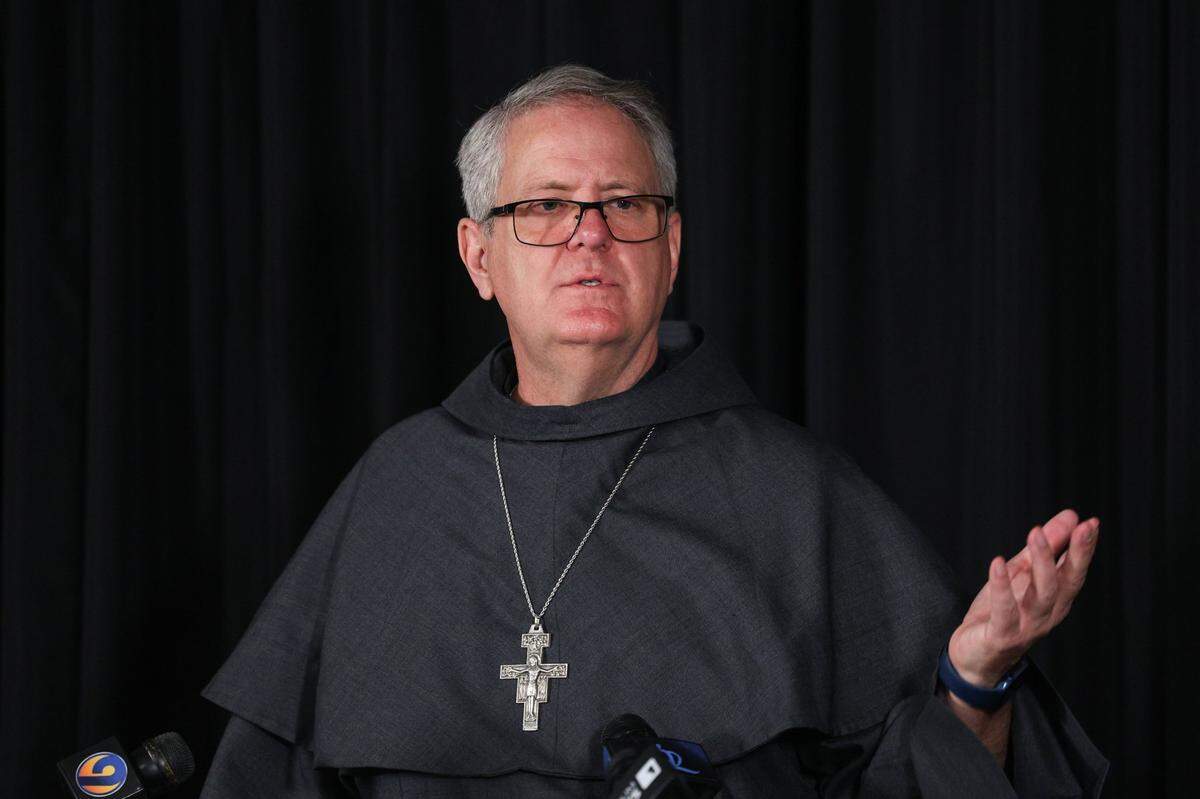 Franciscan Father Michael T. Martin speaks about his new role, as successor to Charlotte Catholic Bishop Peter Jugis, during a press conference at the Diocese Pastoral Center in Charlotte, NC on Tuesday, April 9, 2024. Jugis, 67, is retiring due to “health limitations,” according to a diocesan statement. Martin will succeed him as the fifth Bishop of Charlotte.