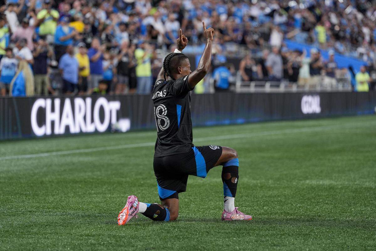 Charlotte FC forward Kerwin Vargas (18) reacts to his first-half goal against the New York Red Bulls during Sunday’s match at Bank of America Stadium.  