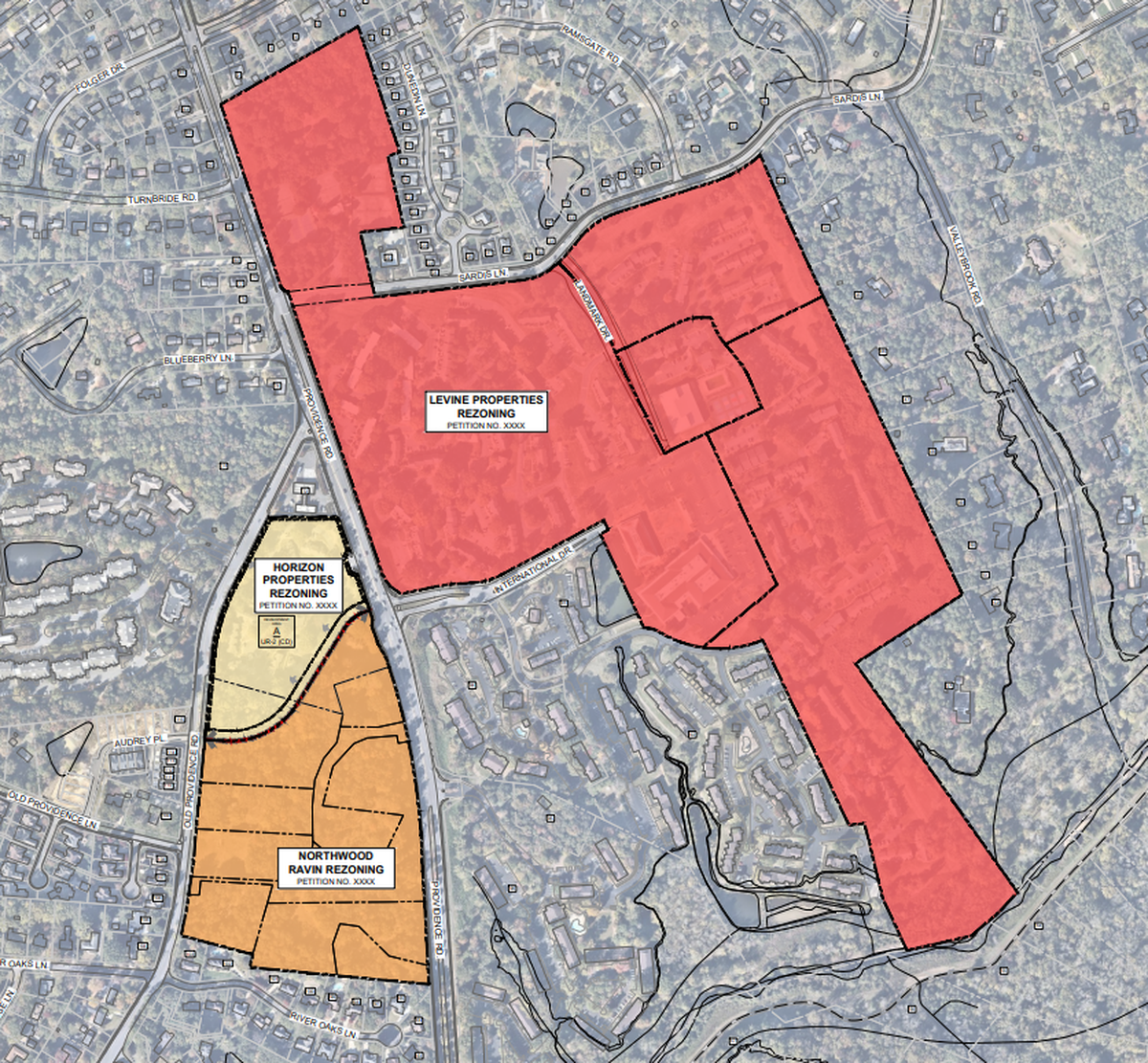 A map shows the different parcels being developed by Levine Properties, Northwood Ravin and Horizon Development Properties along Providence Road.