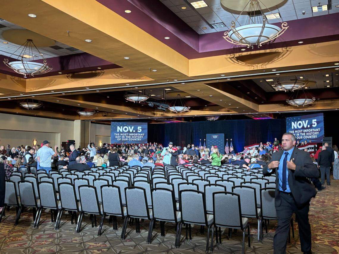 People file into the Concord Convention Center off of Bruton Smith Boulevard in Concord, where former President Donald Trump is expected to speak Monday evening.