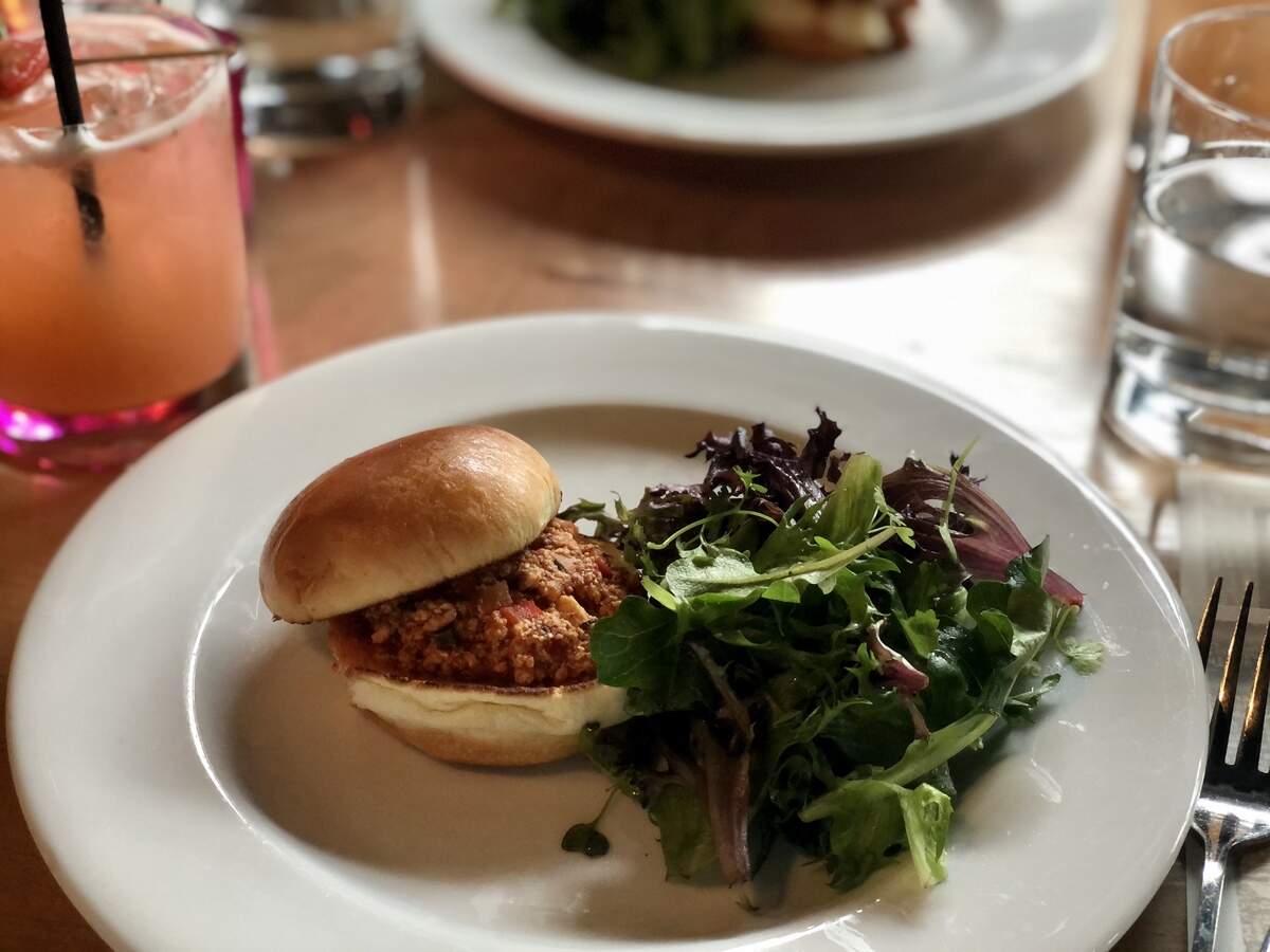 Tofu sloppy joe with side salad is a dish created by Chef Jamie Lynch during a “quickfire challenge” on episode 6 of Top Chef season 14.