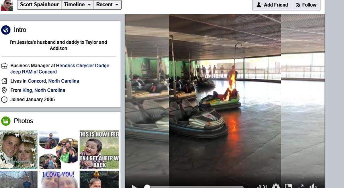A bumper car caught fire at Carowinds on  Monday, and a dad caught it on video.