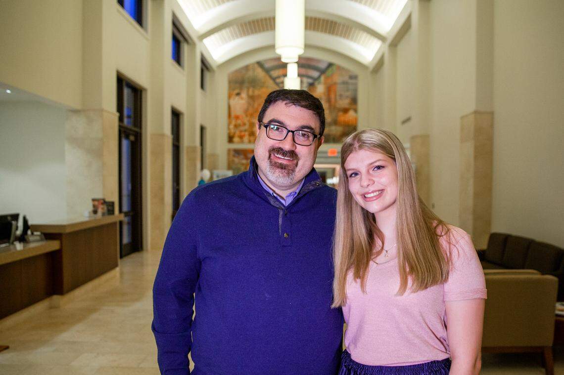 Abby Adams poses with Rabbi Asher Knight at Temple Beth El, where she works as a teacher’s assistant in the religious school. “If I can help people right now with ‘Why I Wear My Star,’ and I’m only 17 years old, then imagine what I could do when I’m older to impact a great amount of people.”