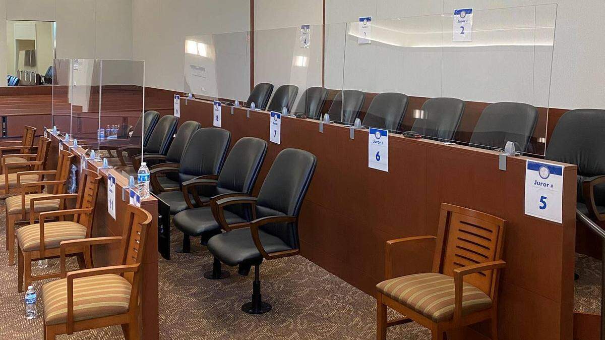 The jury box in Courtroom 6110 at the Mecklenburg County Courthouse in Charlotte, NC, in August 2021. 