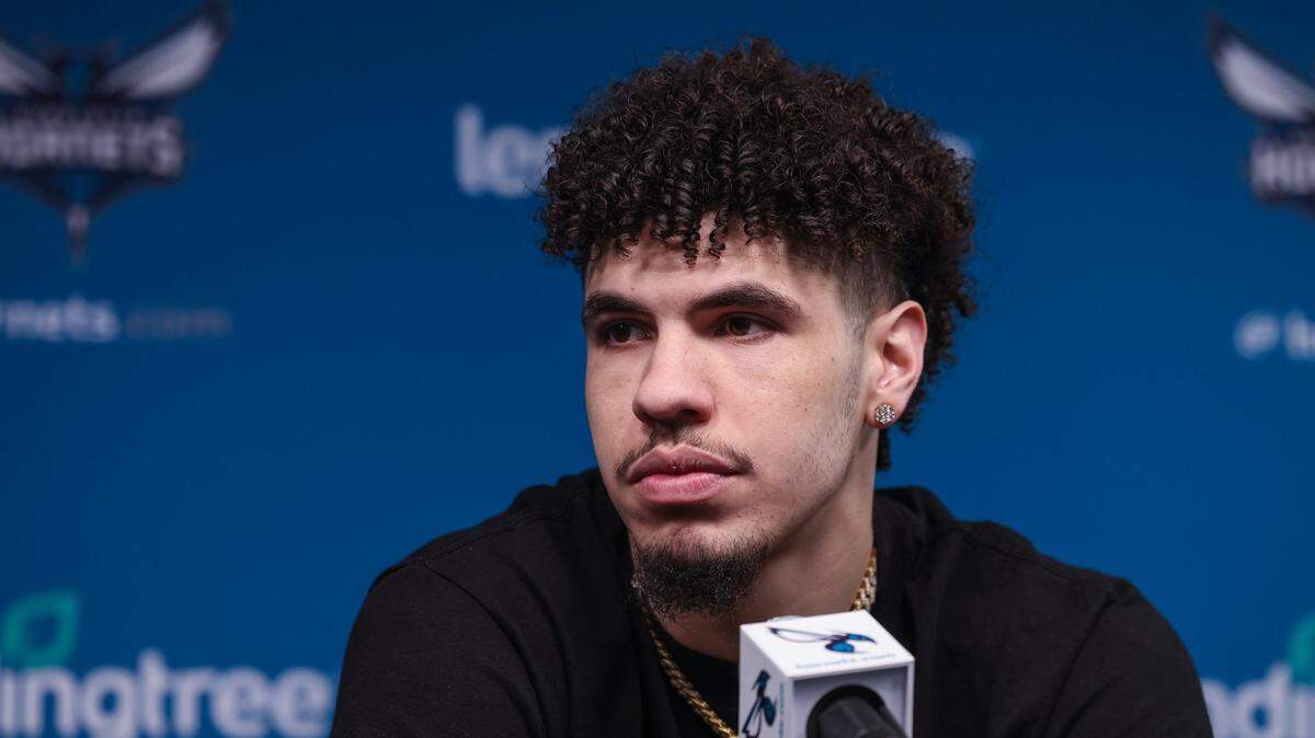 Hornets guard LaMelo Ball answers questions during interviews wrapping up the end of the Hornets’ season at Spectrum Center on Monday, April 10, 2023.