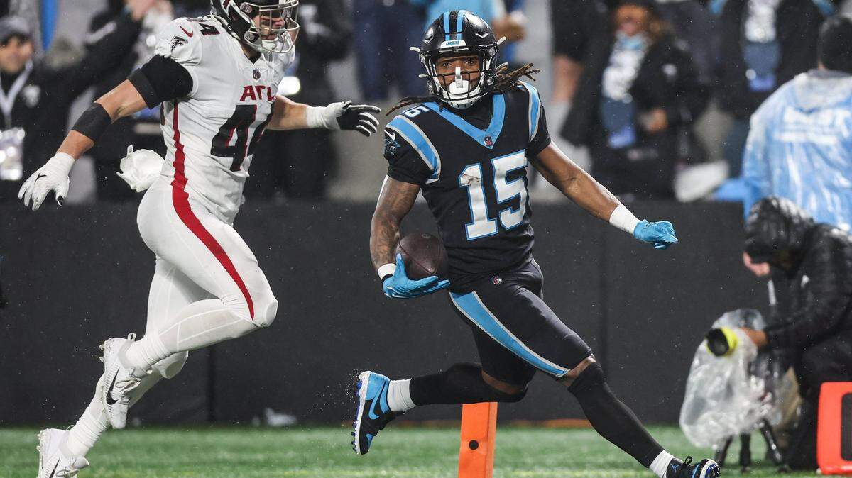 Carolina Panthers wide receiver Laviska Shenault Jr., right, crosses the line for a touchdown against the Atlanta Falcons to make a touchdown on Thursday, November 10, 2022.
