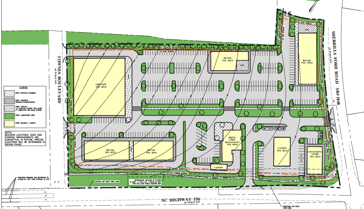 Terrell Town Center Area 2 will include a grocery store, four retail buildings, a drive-through restaurant and a convenience store, according to this map with the developer’s rezoning application.