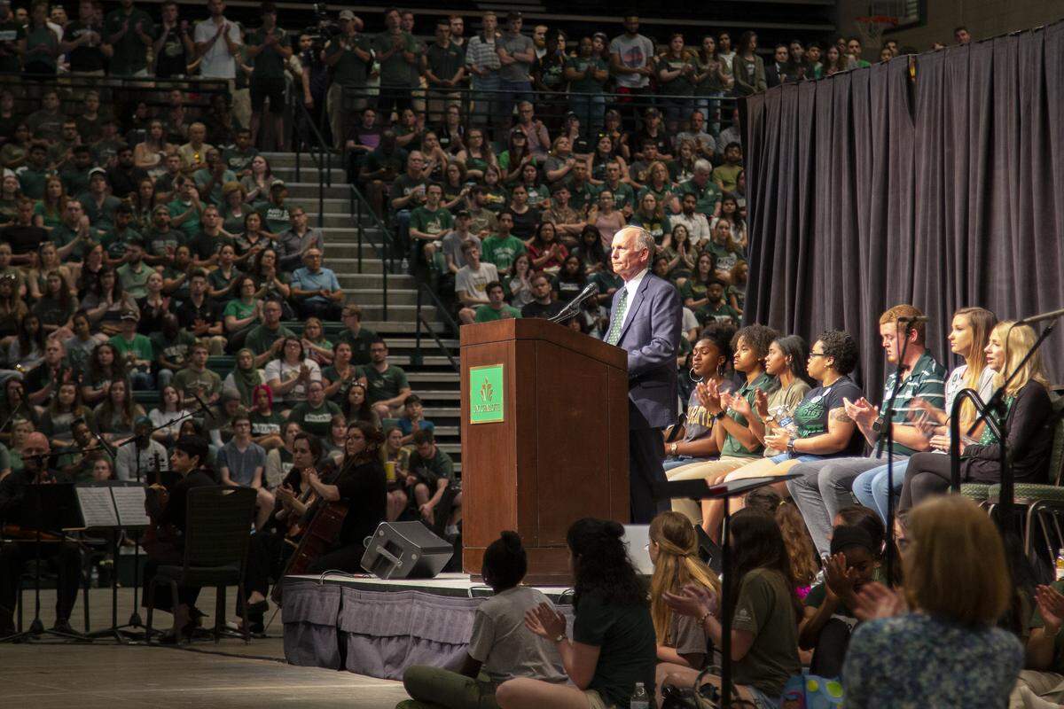 Phil Dubois addresses the UNC Charlotte Community on the night after the April 30, 2019 shooting.