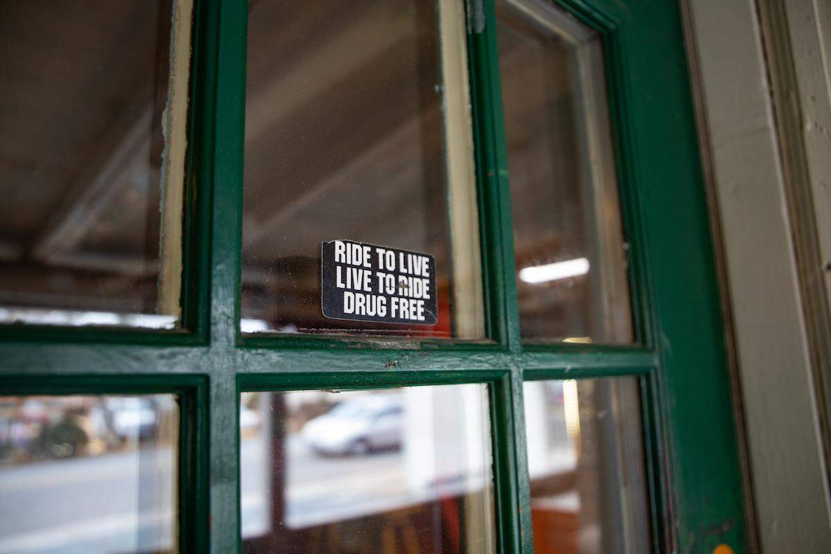 A sticker on the window at Crossraods Coffee House urges viewers to live drug free.