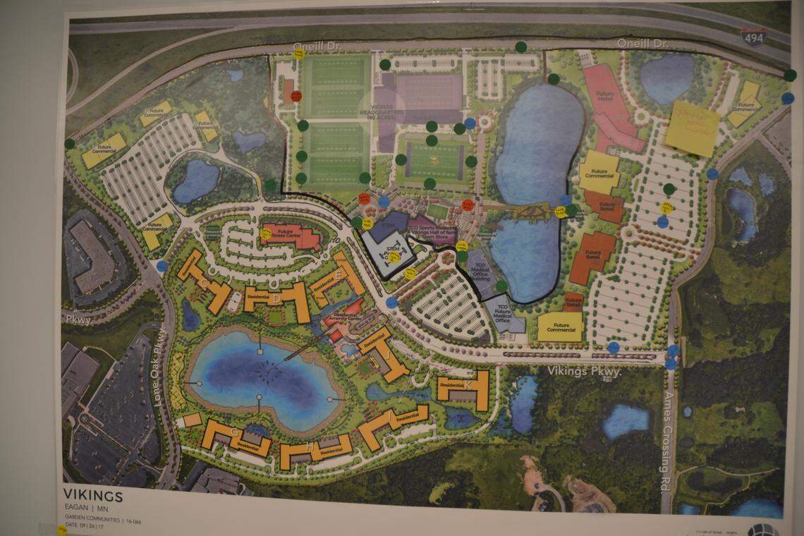 A real estate company affiliated with the Minnesota Vikings plans to develop 160 acres surrounding the team's new headquarters and practice center.