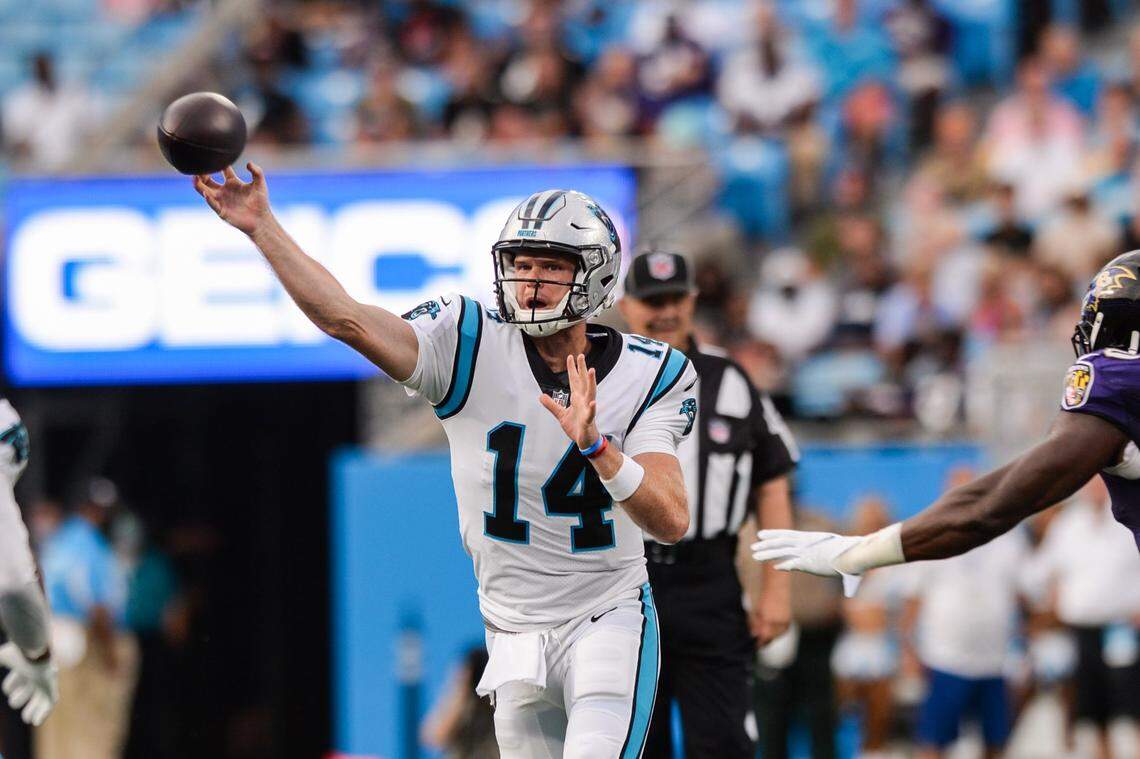 Panthers quarterback Sam Darnold throws a pass Saturday night during Carolina’s 20-3 preseason loss to the Baltimore Ravens.