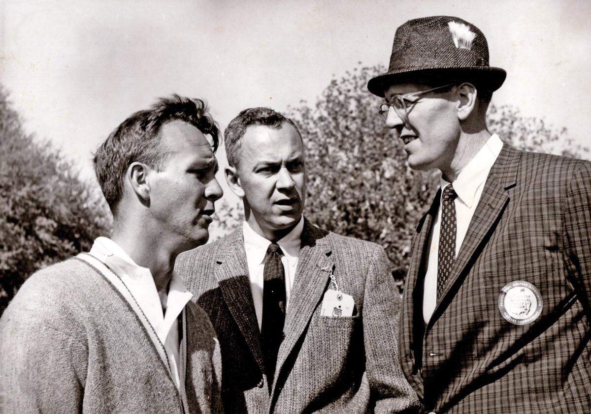 Bill Hensley photographed with golfer Arnold Palmer and golf pro Dick Tiddy. Hensley and Palmer were connected by their alma mater, Wake Forest.