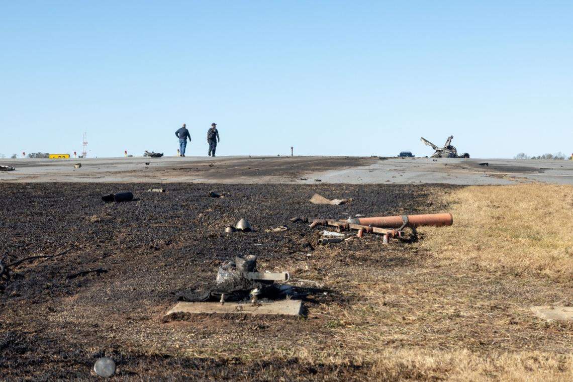 Partial view of the debris field from the Cessna Citation C550 crash in Statesville on Dec. 18, 2025.