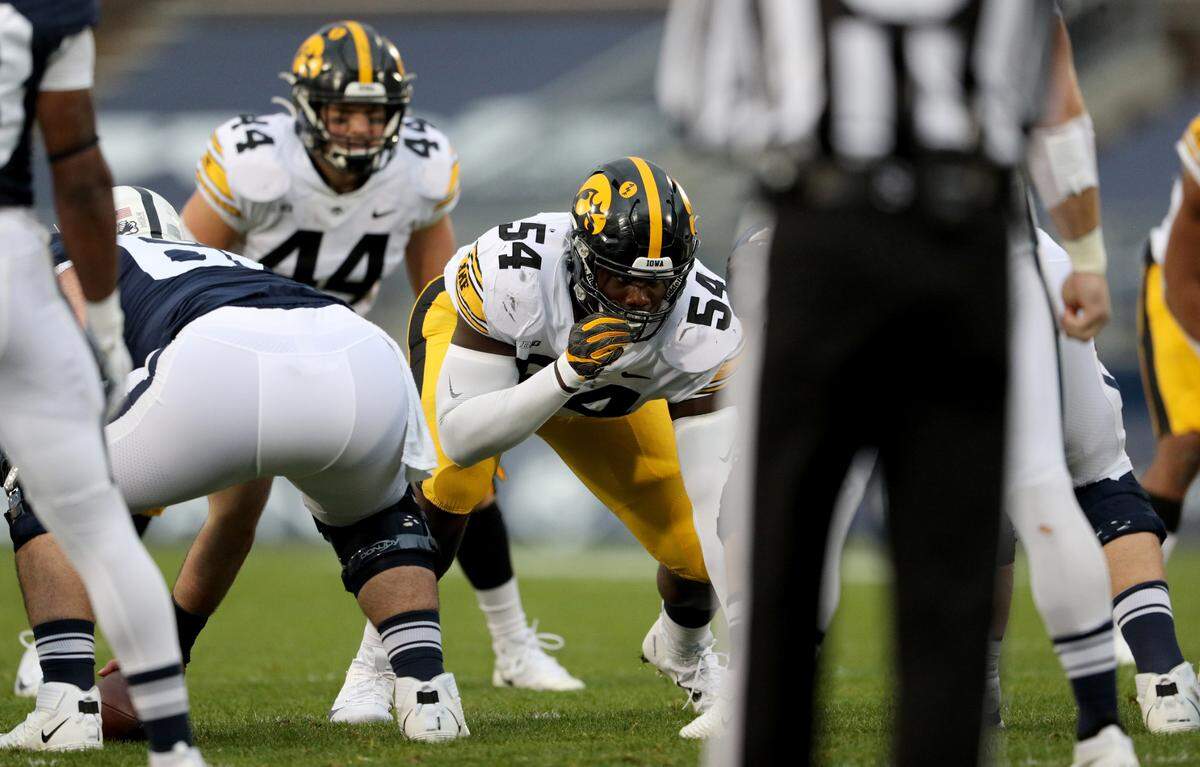 Iowa Hawkeyes defensive tackle Daviyon Nixon (54) against the Penn State Nittany Lions Saturday, November 21, 2020 at Beaver Stadium in State College, PA. (Brian Ray/hawkeyesports.com)