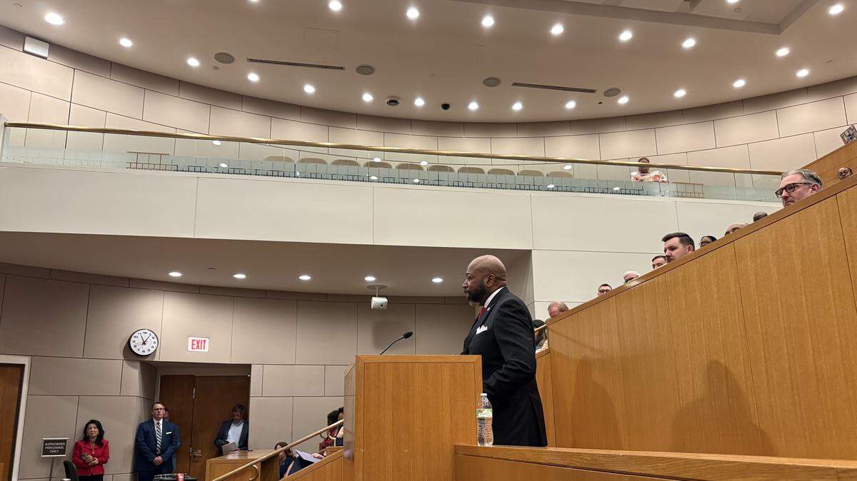 Mecklenburg County Manager Mike Bryant presents his proposed budget for fiscal year 2027 to county commissioners at the Charlotte-Mecklenburg Government Center on Thursday.