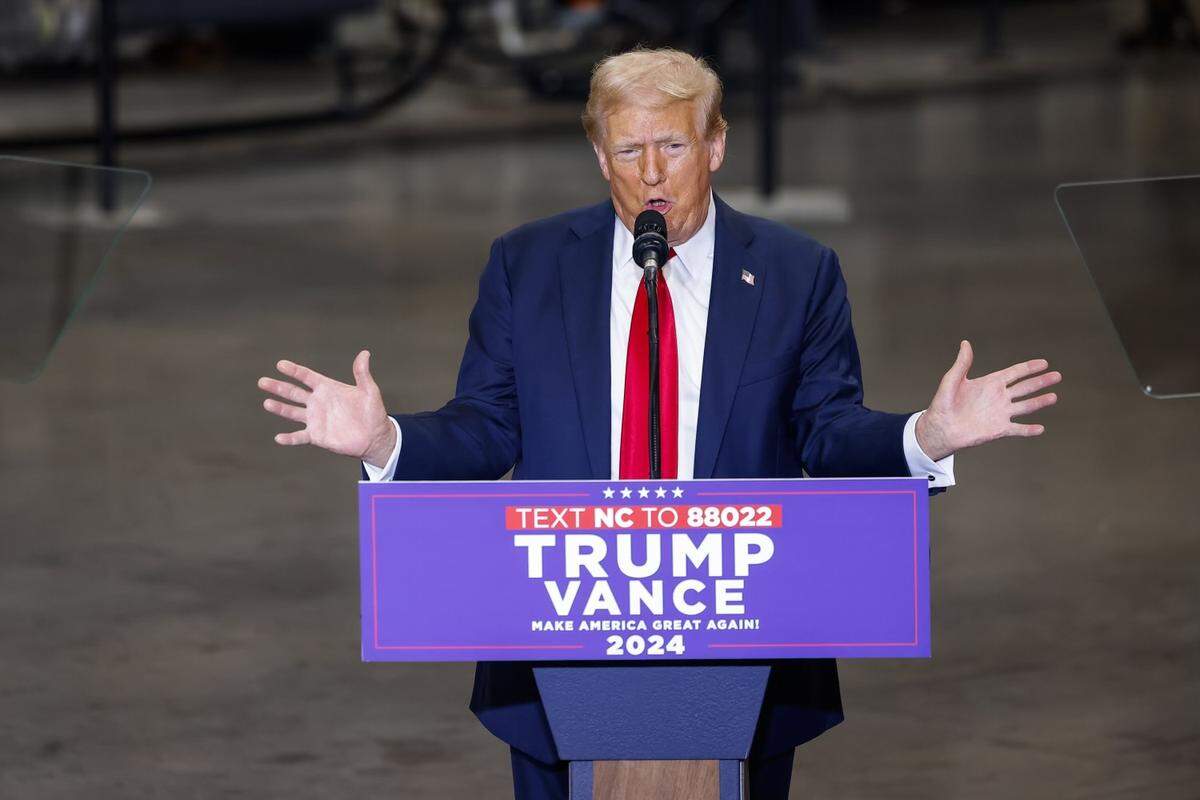 Former President Donald Trump speaks at a campaign rally inside the Mosack Group manufacturing warehouse in Mint Hill, NC on Wednesday, September 25, 2024.