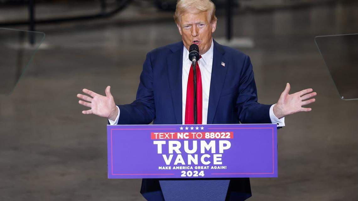 Former President Donald Trump speaks at a campaign rally inside the Mosack Group manufacturing warehouse in Mint Hill, NC on Wednesday, September 25, 2024.