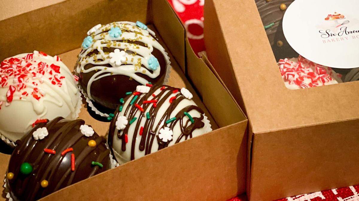 Six Arrows Bakery Box is offering classic cocoa, white chocolate peppermint and raspberry hot chocolate bombs.