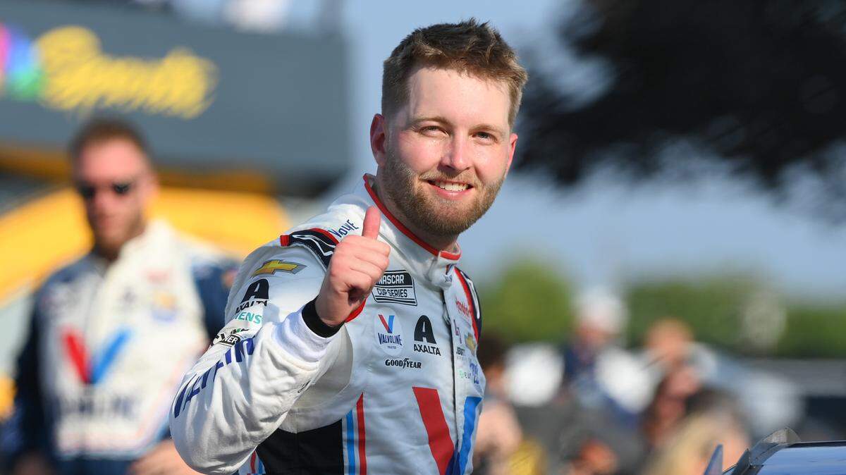 NASCAR Cup Series driver William Byron (24) celebrates his victory in the Go Bowling at The Glen at Watkins Glen International.