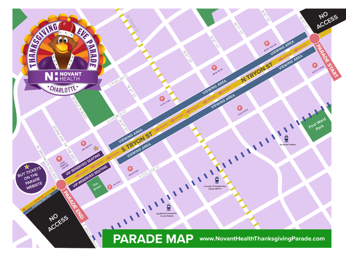A map of the Thanksgiving Eve parade route in uptown Charlotte.