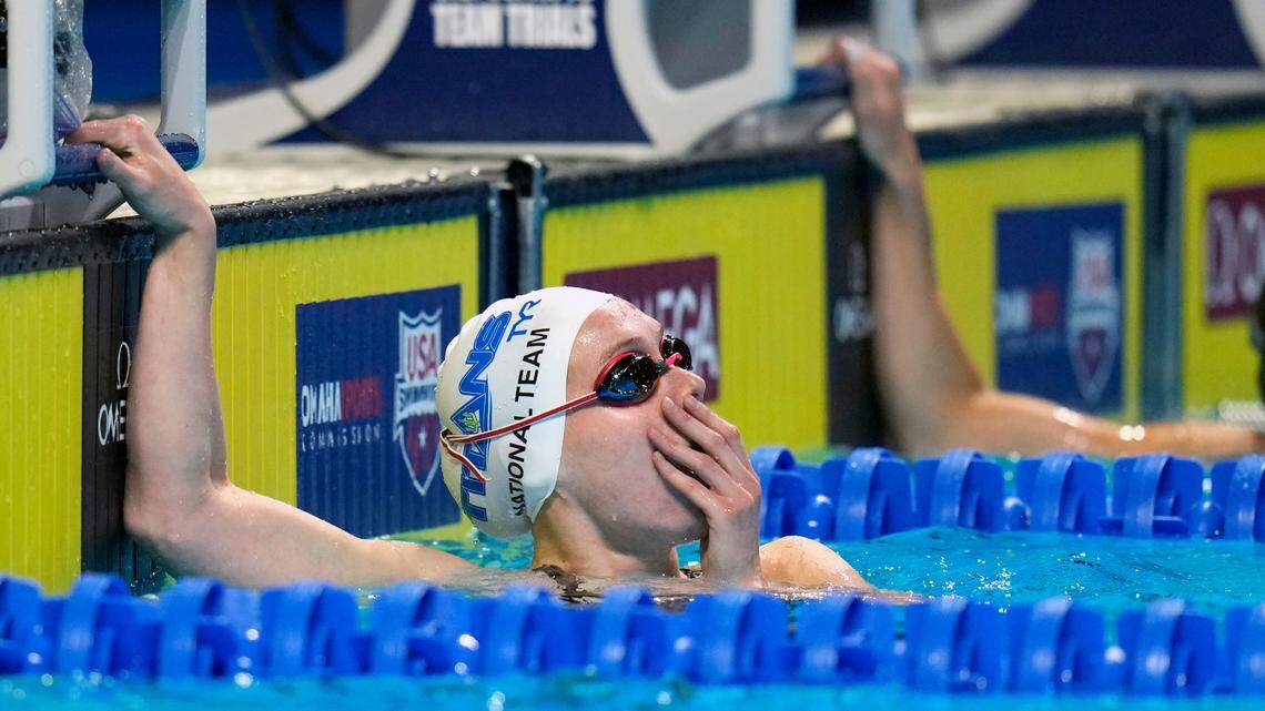 Claire Curzan reacts after the Women’s 100 Butterfly during wave 2 of the U.S. Olympic Swim Trials on Monday, June 14, 2021, in Omaha.