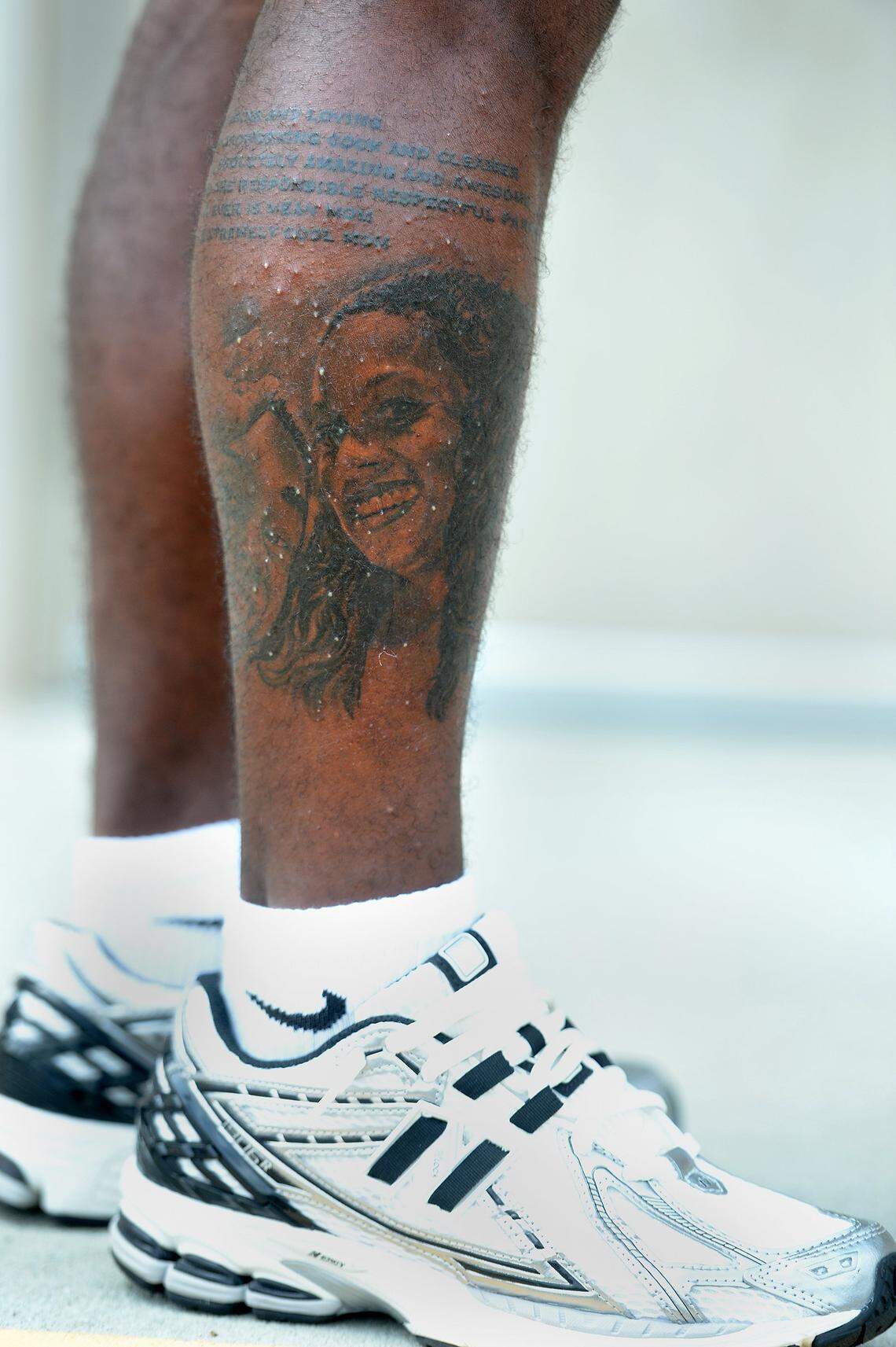 Former Washington Commanders star London Fletcher's son, Steele, 17, is a rising junior at Providence Day and a potential star. The Fletchers were rocked last year when Charne Fletcher, London's wife and Steele's mom died 7 days before her 50th birthday. They were buoyed by all the support received from the school community. Steele, who expects to play wide receiver and return punts and kick offs, got a tattoo of his mother in addition to a poem he wrote on his right leg. The Fletchers were photographed on Wednesday, August 20, 2025.