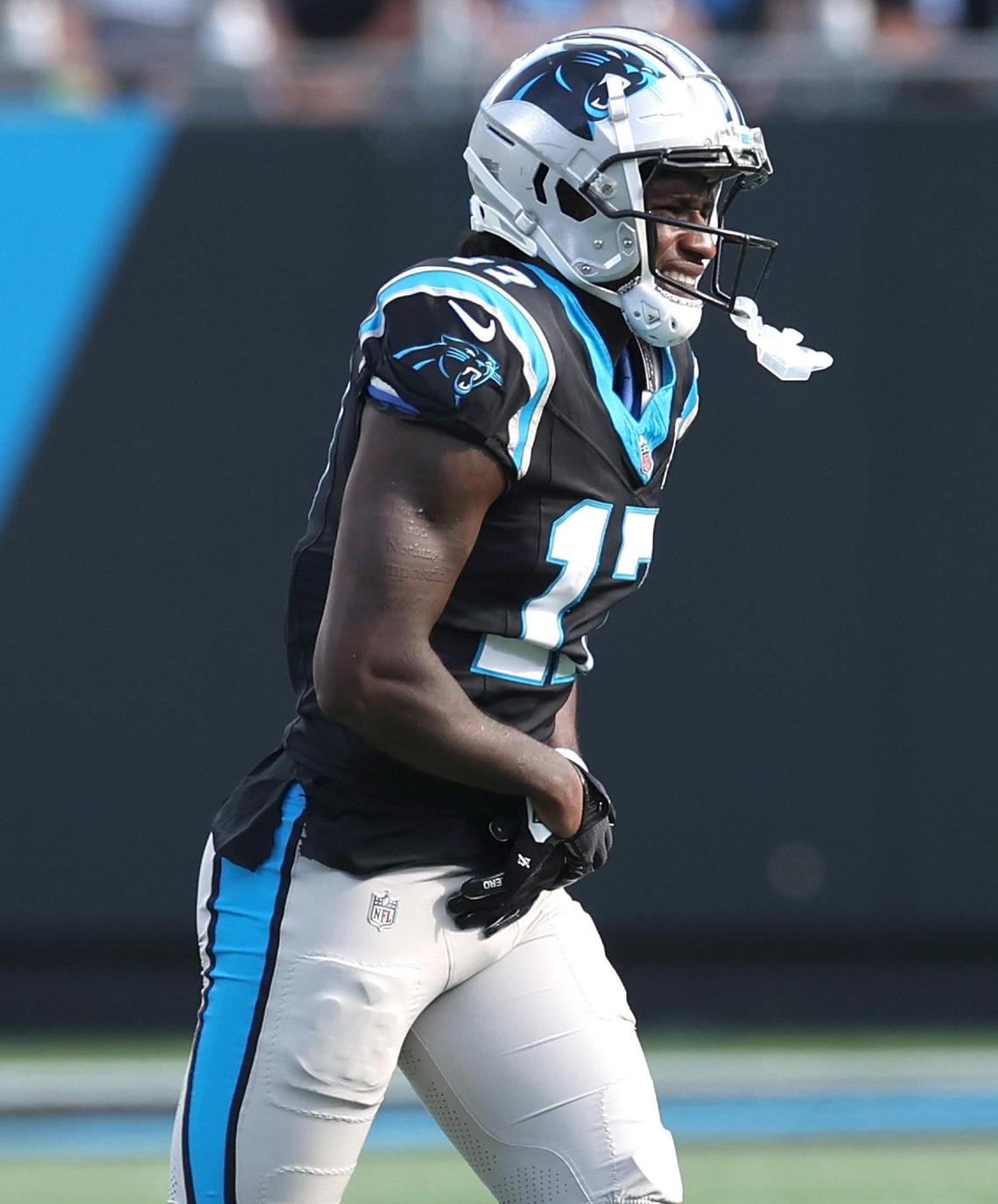 Carolina Panthers wide receiver Xavier Legette holds onto his wrist following a play against the New Orleans Saints on Sunday, November 3, 2024.