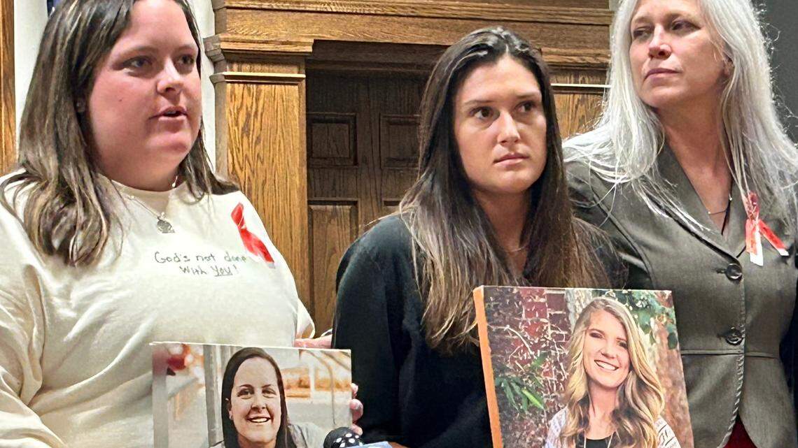 Mallory Stokes (left) speaks on June 21, 2023, following the sentencing of convicted drunk driver Yuriy Karpik, who drove a car that killed Stokes’ identical twin sister Mia on Feb. 7, 2020 and pleaded guilty to five charges stemming from that crash earlier the same day. Ashley Abbott (center) holds a photo of her best friend Grace Revels, a USC Union teammate of the Stokes twins who was also killed in the wreck in Spartanburg County, S.C. At right is Kimberly Cockrell of the South Carolina branch of Mothers Against Drunk Driving.