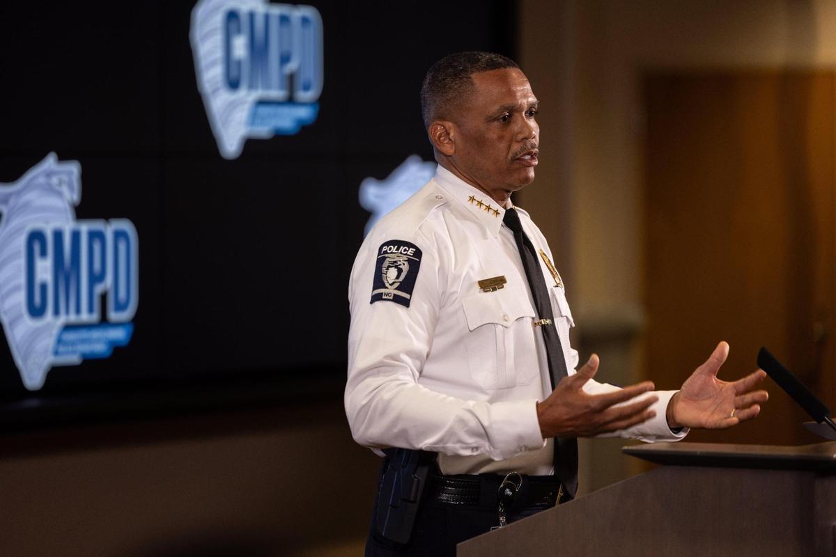Police Chief Johnny Jennings speaks at the Charlotte-Mecklenburg Police Department on Nov. 15, 2023. He was addressing a video that showed a use of force incident that took place Nov. 13 outside a Bojangles on South Tryon Street. A woman being arrested was struck 17 times, police said.